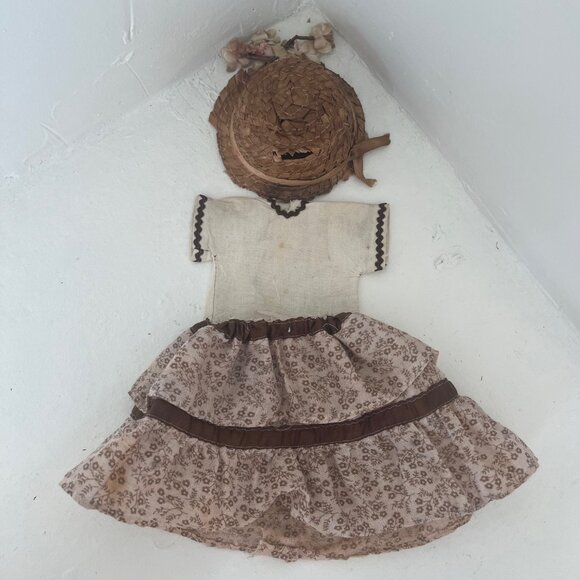 Vintage Doll Outfit Skirt & Jacket Vest & Farmer Hat w/ Flowers Beige & Brown - Picture 2 of 11